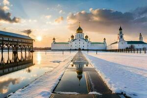 le Soleil ensembles plus de le kremlin dans l'hiver. généré par ai photo