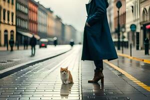 une femme dans une manteau et bottes permanent sur une rue avec une chat. généré par ai photo