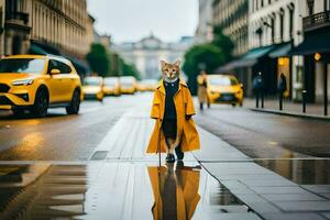 une Renard dans une Jaune manteau en marchant vers le bas une ville rue. généré par ai photo