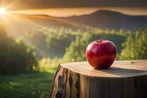 un Pomme est assis sur Haut de une souche dans de face de une le coucher du soleil. généré par ai photo