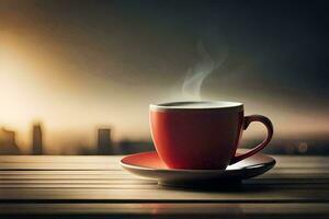 une rouge tasse de café sur une en bois tableau. généré par ai photo