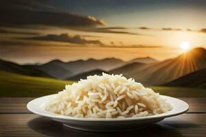 riz dans une bol sur une table avec montagnes dans le Contexte. généré par ai photo