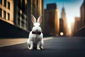 une blanc lapin portant une arc attacher séance sur le rue. généré par ai photo