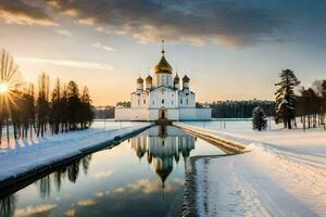 le Soleil monte plus de le kremlin dans l'hiver. généré par ai photo