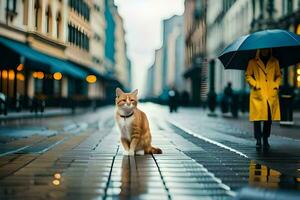 une chat est permanent sur une humide rue avec un parapluie. généré par ai photo