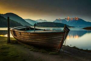 une bateau est assis sur le rive de une Lac à le coucher du soleil. généré par ai photo