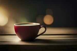 une rouge tasse de café sur une en bois tableau. généré par ai photo