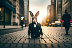 une lapin portant une costume et attacher permanent sur une rue. généré par ai photo