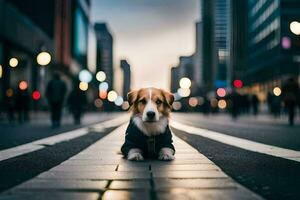 une chien séance sur le rue dans une ville. généré par ai photo