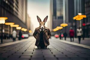 une lapin portant une manteau et attacher permanent dans le milieu de une ville rue. généré par ai photo