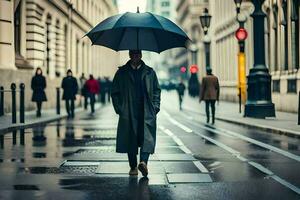 une homme en marchant vers le bas une rue avec un parapluie. généré par ai photo