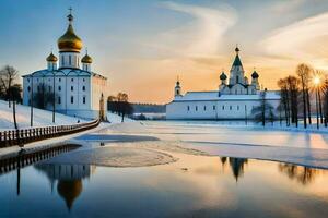 le Soleil monte plus de le russe église dans l'hiver. généré par ai photo