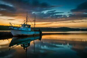 une bateau est assis sur le rive à le coucher du soleil. généré par ai photo