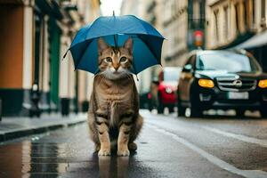 une chat est permanent sur le rue avec un parapluie. généré par ai photo