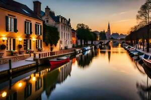 une canal dans le milieu de une ville à le coucher du soleil. généré par ai photo