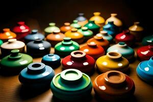 une groupe de coloré des vases séance sur une tableau. généré par ai photo
