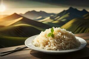 une assiette de riz avec une Montagne dans le Contexte. généré par ai photo