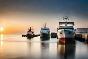 bateaux amarré à le jetée à le coucher du soleil. généré par ai photo