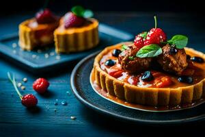 une dessert avec fruit et Boulettes de viande sur une plaque. généré par ai photo