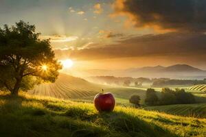 le Pomme dans le le coucher du soleil. généré par ai photo