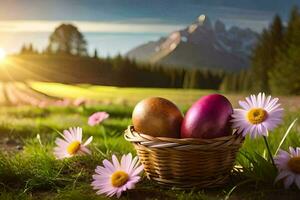 Pâques des œufs dans une panier dans le montagnes. généré par ai photo