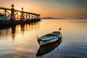 une bateau est assis sur le l'eau à le coucher du soleil. généré par ai photo