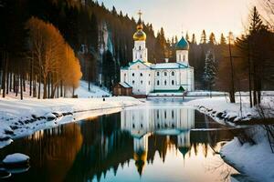 une église dans le neige avec une rivière dans de face de il. généré par ai photo