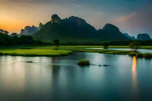 le montagnes sont réfléchi dans le l'eau à le coucher du soleil. généré par ai photo