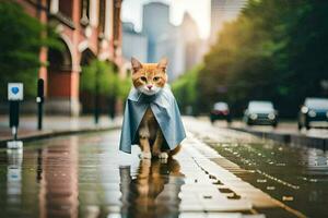 une chat portant une imperméable sur une ville rue. généré par ai photo