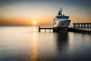 une bateau amarré à le jetée à le coucher du soleil. généré par ai photo