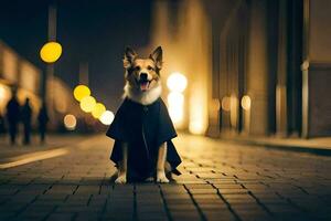une chien portant une manteau est assis sur le rue à nuit. généré par ai photo