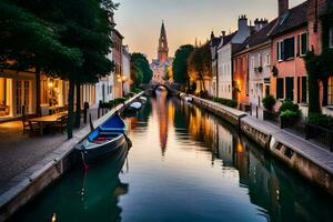 une canal dans le milieu de une ville avec bateaux. généré par ai photo