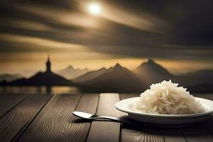 le riz est sur le table avec une cuillère et une tasse de l'eau. généré par ai photo