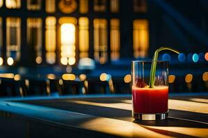 une verre de rouge boisson séance sur une table dans de face de une bâtiment. généré par ai photo