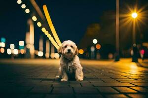 une chien séance sur le trottoir à nuit. généré par ai photo