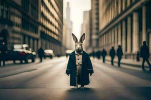 une lapin habillé dans une costume et attacher permanent dans le milieu de une ville rue. généré par ai photo