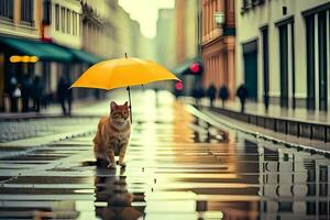 une chat en marchant sur une humide rue avec un parapluie. généré par ai photo