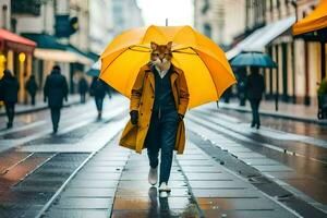 une la personne en marchant vers le bas une rue avec un parapluie. généré par ai photo