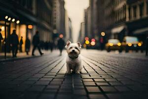 une petit blanc chien est permanent sur une brique rue. généré par ai photo