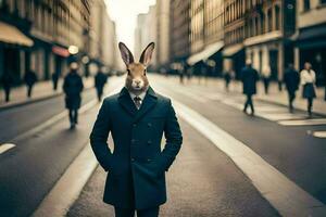 une lapin portant une costume et attacher sur le rue. généré par ai photo