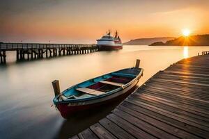 une bateau est assis sur le Dock à le coucher du soleil. généré par ai photo