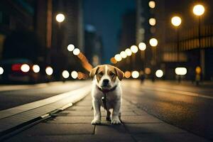 une chien permanent sur le rue à nuit. généré par ai photo