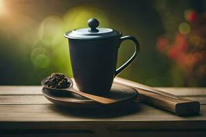 une noir thé tasse et cuillère sur une en bois tableau. généré par ai photo