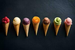 six différent la glace crème cônes dans une ligne. généré par ai photo