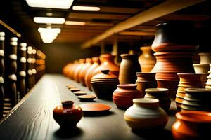 une rangée de des vases sur une étagère dans une chambre. généré par ai photo