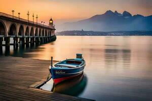 une bateau est assis sur le Dock à le coucher du soleil avec montagnes dans le Contexte. généré par ai photo