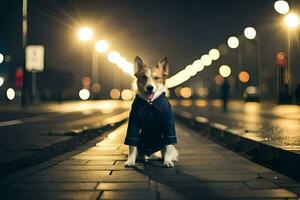 une chien portant une veste sur une rue à nuit. généré par ai photo