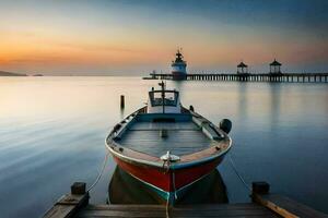 une bateau est assis sur le Dock à le coucher du soleil. généré par ai photo