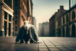 une lapin dans une costume est séance sur le sol. généré par ai photo