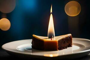 une pièce de Chocolat gâteau avec une bougie sur une plaque. généré par ai photo